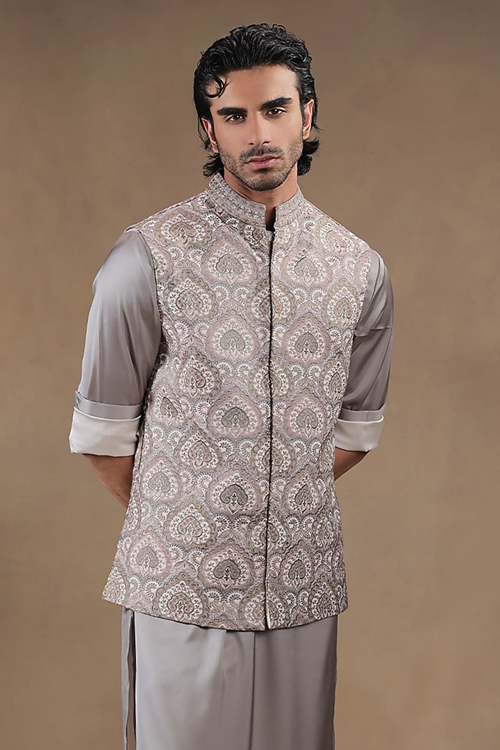 Muted Sage Green Crepe Embroidered Nehru Jacket Set by JORAH MEN at Pernia's Pop Up Shop