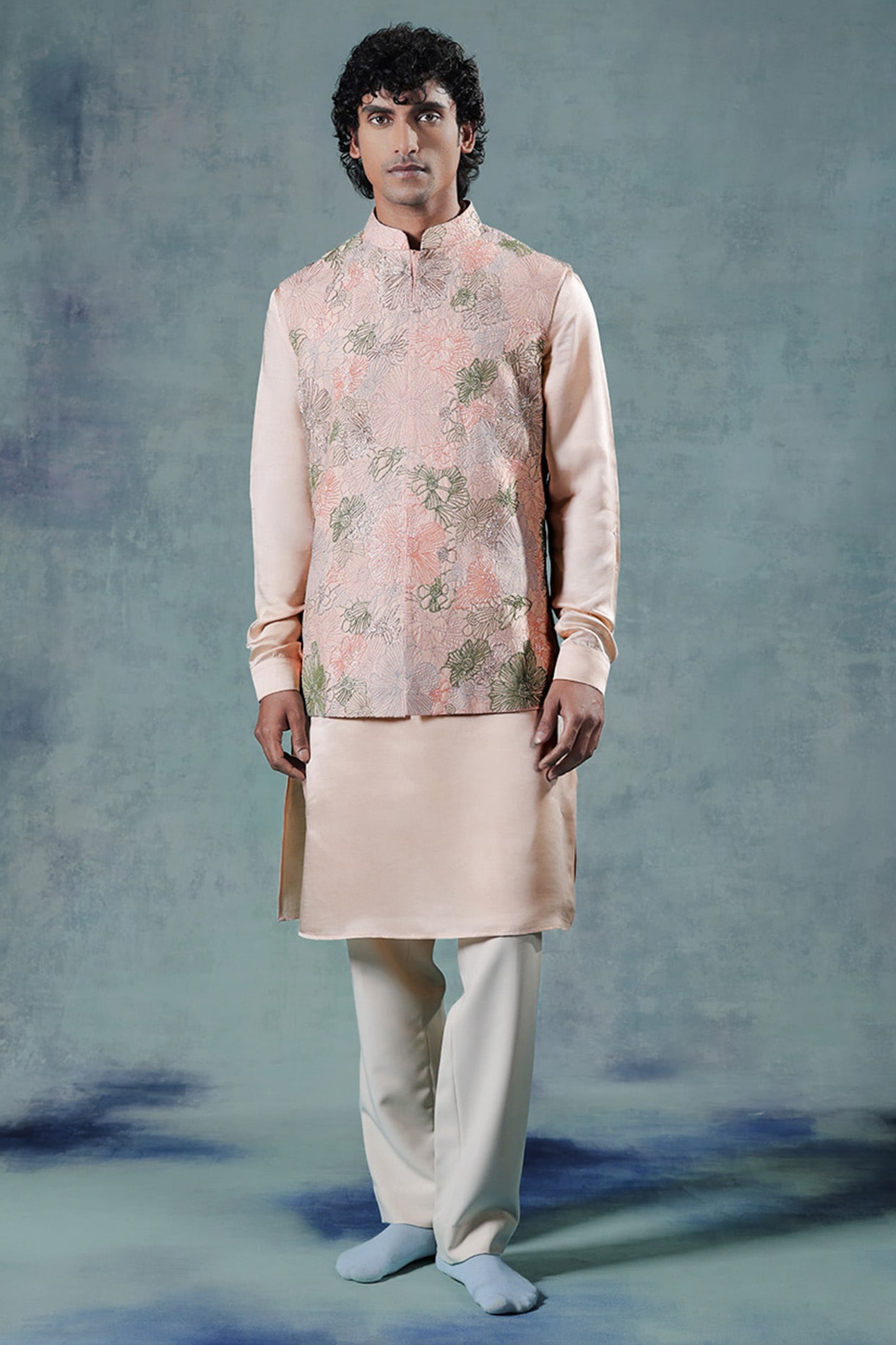 JORAH Peach Dupion Silk Resham Embroidered Nehru Jacket Set