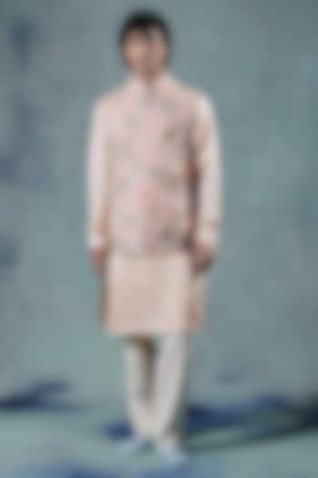 Peach Dupion Silk Resham Embroidered Nehru Jacket Set by JORAH MEN at Pernia's Pop Up Shop