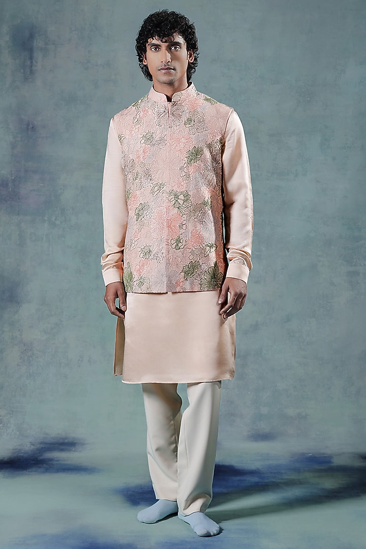 Peach Dupion Silk Resham Embroidered Nehru Jacket Set by JORAH MEN at Pernia's Pop Up Shop