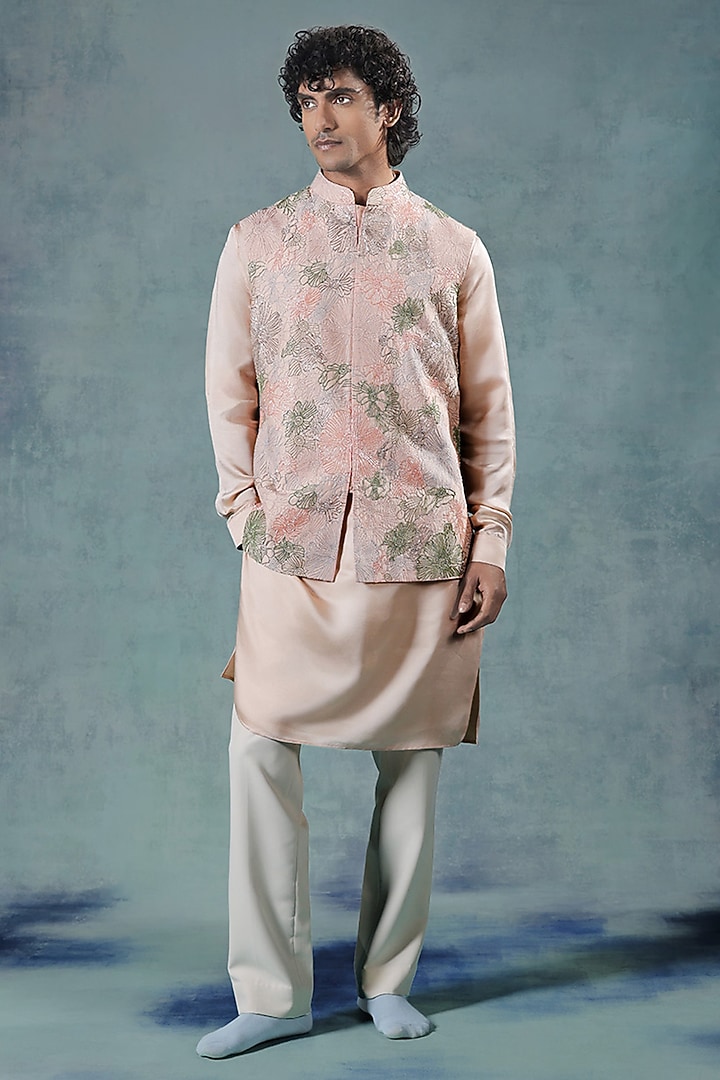 Peach Dupion Silk Resham Embroidered Nehru Jacket Set by JORAH MEN at Pernia's Pop Up Shop