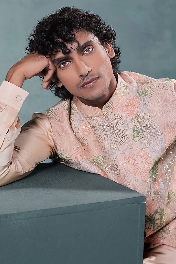 Peach Dupion Silk Resham Embroidered Nehru Jacket Set by JORAH MEN at Pernia's Pop Up Shop