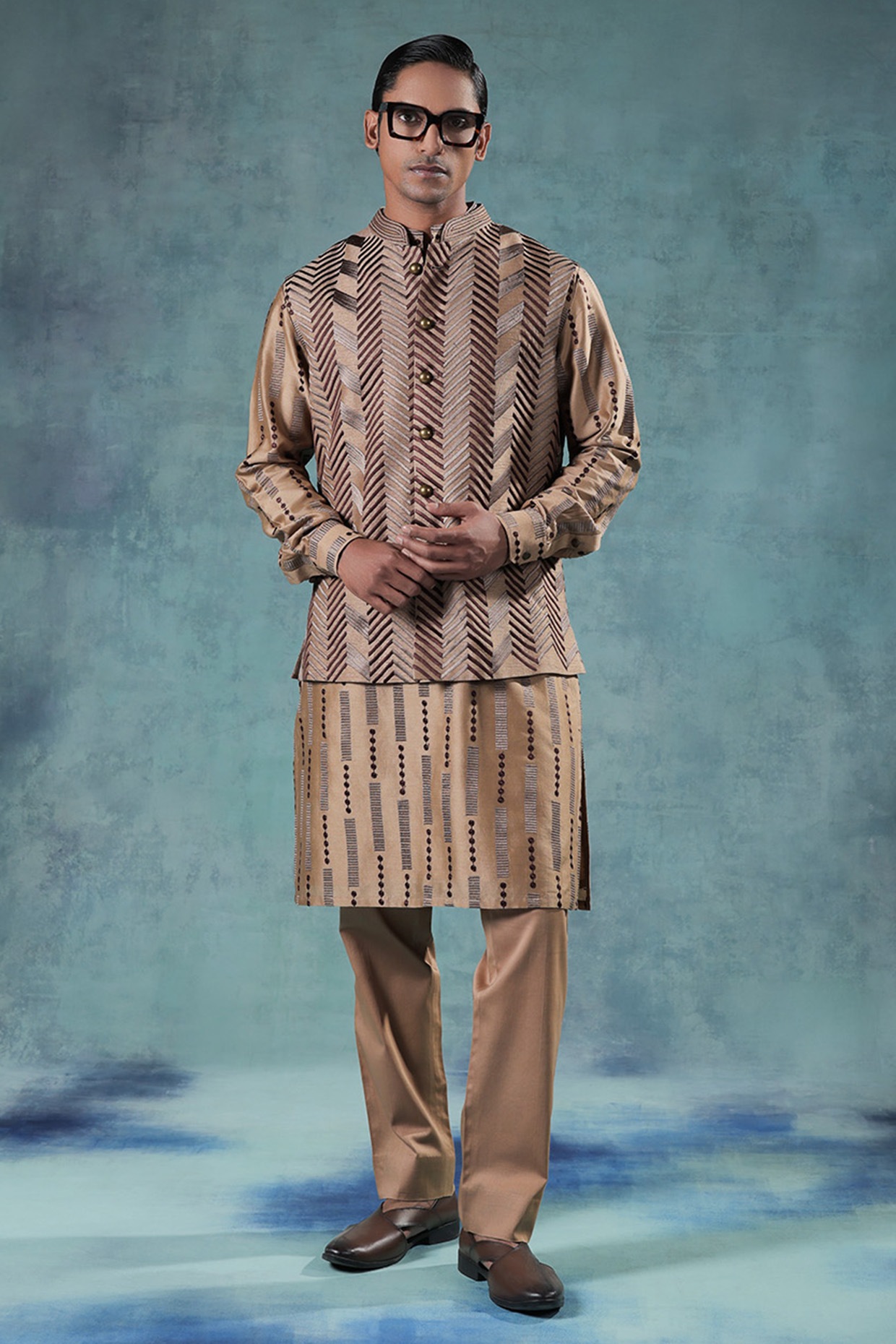 JORAH Mud Brown Dupion Silk Embroidered Nehru Jacket Set