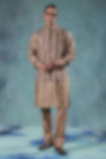 Mud Brown Dupion Silk Embroidered Nehru Jacket Set by JORAH MEN at Pernia's Pop Up Shop