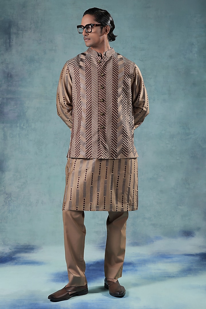 Mud Brown Dupion Silk Embroidered Nehru Jacket Set by JORAH MEN at Pernia's Pop Up Shop