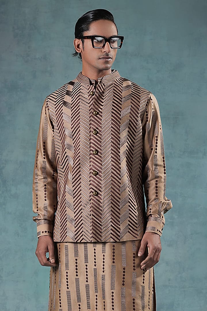 Mud Brown Dupion Silk Embroidered Nehru Jacket Set by JORAH MEN at Pernia's Pop Up Shop