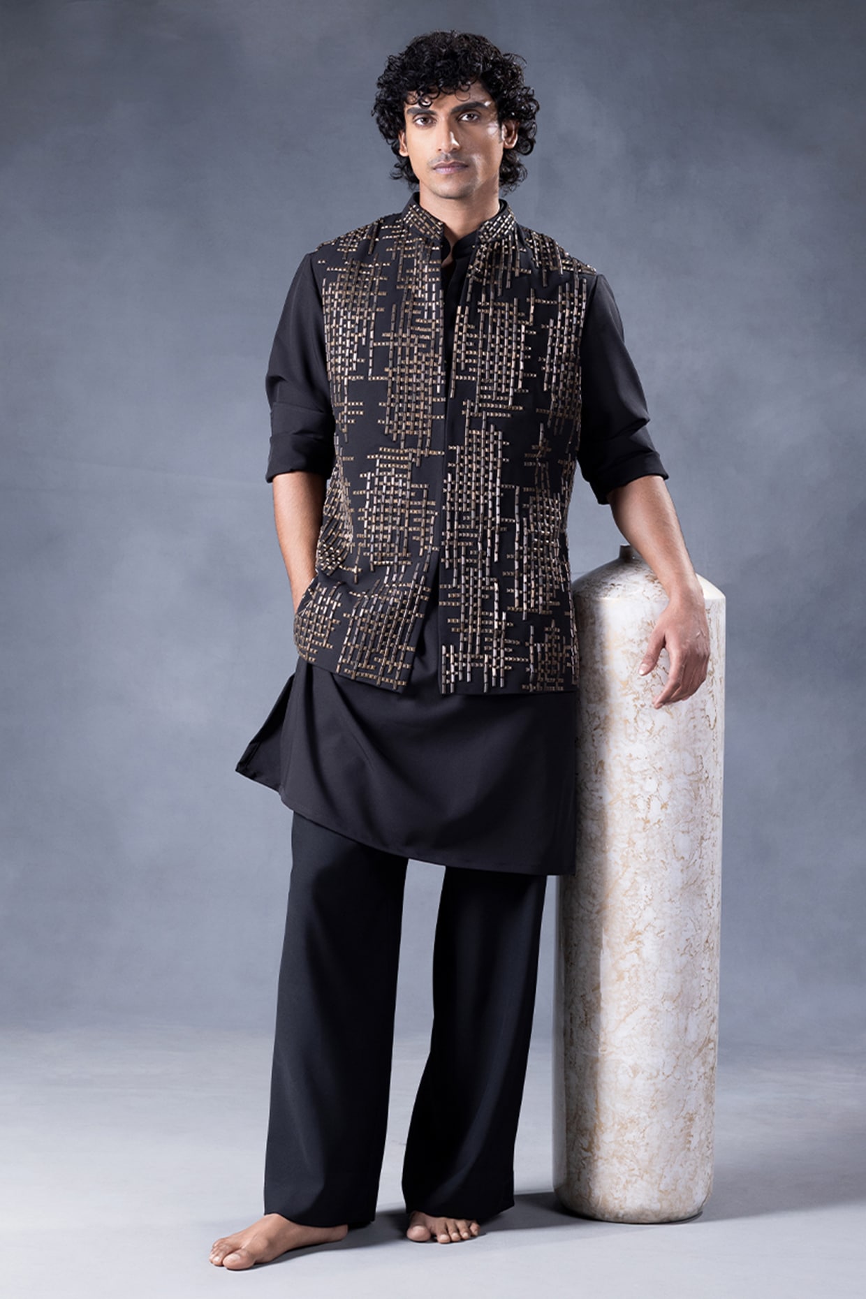 JORAH Black Crepe & Cotton Embroidered Nehru Jacket Set