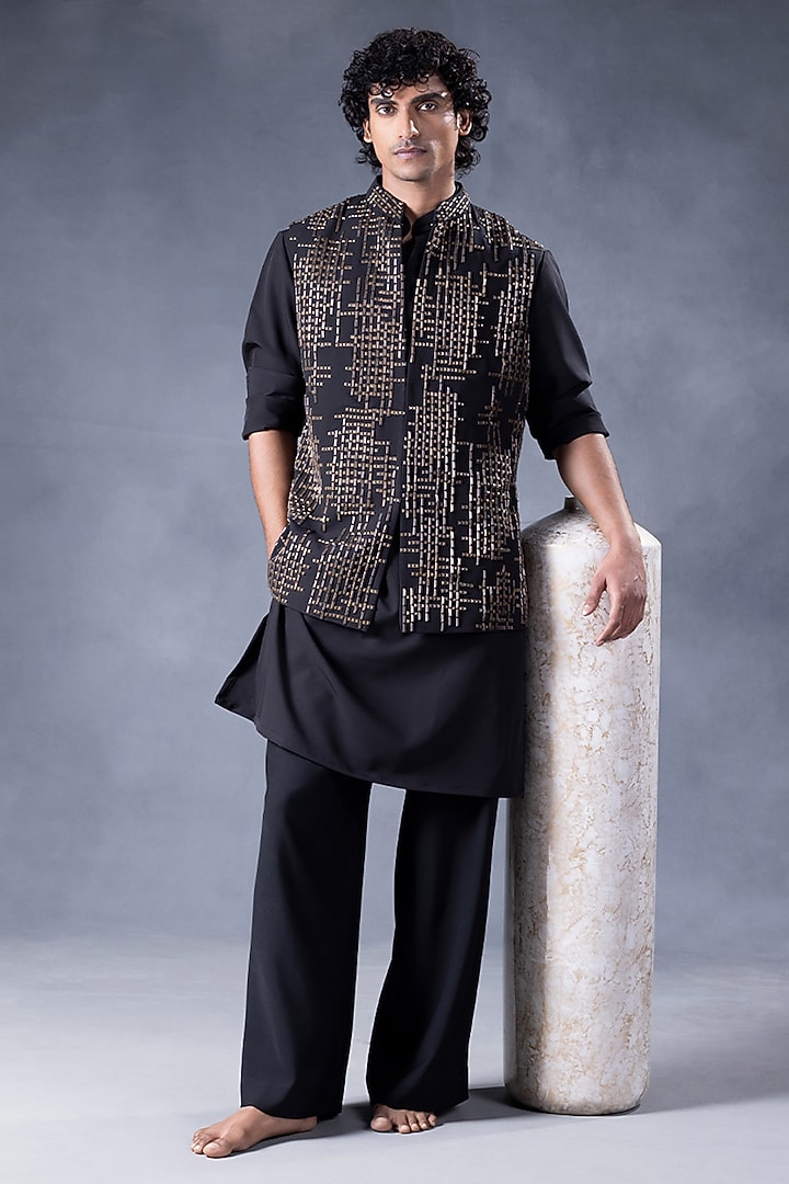 Black Crepe & Cotton Embroidered Nehru Jacket Set by JORAH MEN at Pernia's Pop Up Shop