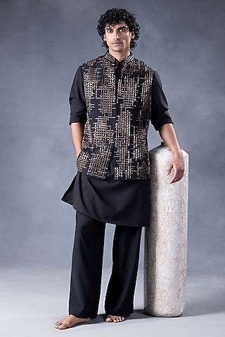 Black Crepe & Cotton Embroidered Nehru Jacket Set by JORAH MEN