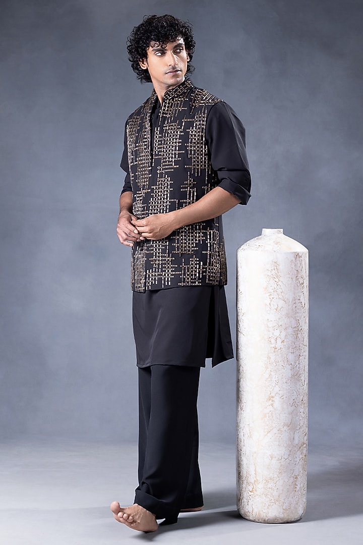 Black Crepe & Cotton Embroidered Nehru Jacket Set by JORAH MEN at Pernia's Pop Up Shop
