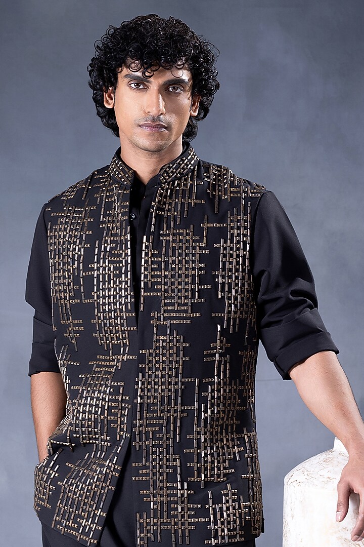 Black Crepe & Cotton Embroidered Nehru Jacket Set by JORAH MEN at Pernia's Pop Up Shop