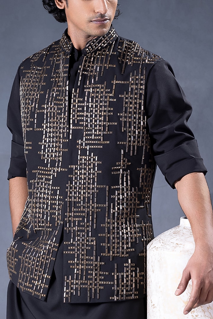 Black Crepe & Cotton Embroidered Nehru Jacket Set by JORAH MEN at Pernia's Pop Up Shop