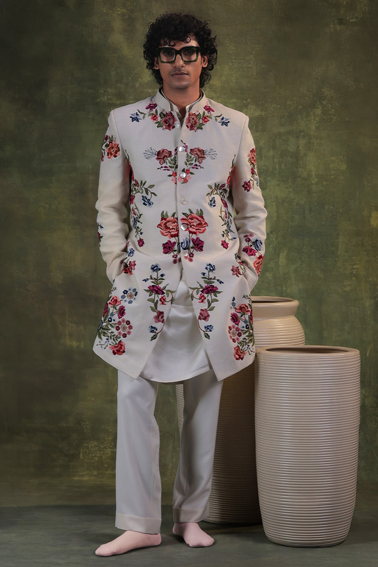 JORAH Ivory Matka Silk Floral Hand Embroidered Indowestern Set