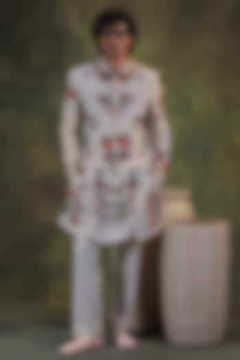 Ivory Matka Silk Floral Hand Embroidered Groom Indowestern Set by JORAH MEN at Pernia's Pop Up Shop