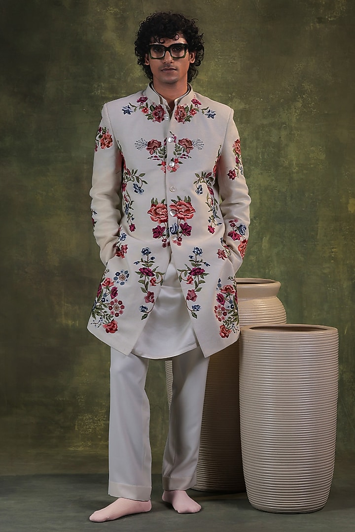 Ivory Matka Silk Floral Hand Embroidered Groom Indowestern Set by JORAH MEN at Pernia's Pop Up Shop