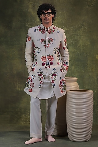 Ivory Matka Silk Floral Hand Embroidered Indowestern Set by JORAH MEN