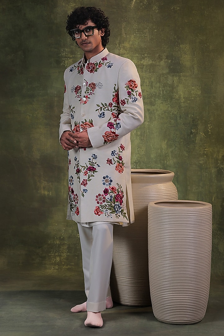Ivory Matka Silk Floral Hand Embroidered Groom Indowestern Set by JORAH MEN at Pernia's Pop Up Shop