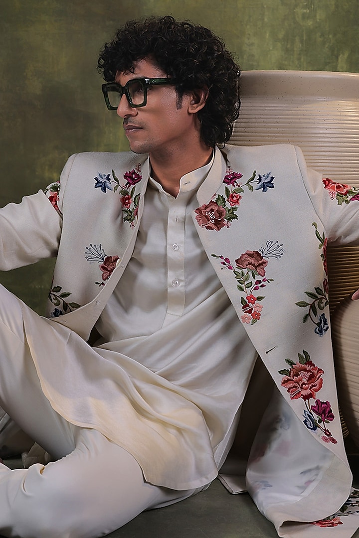 Ivory Matka Silk Floral Hand Embroidered Groom Indowestern Set by JORAH MEN at Pernia's Pop Up Shop