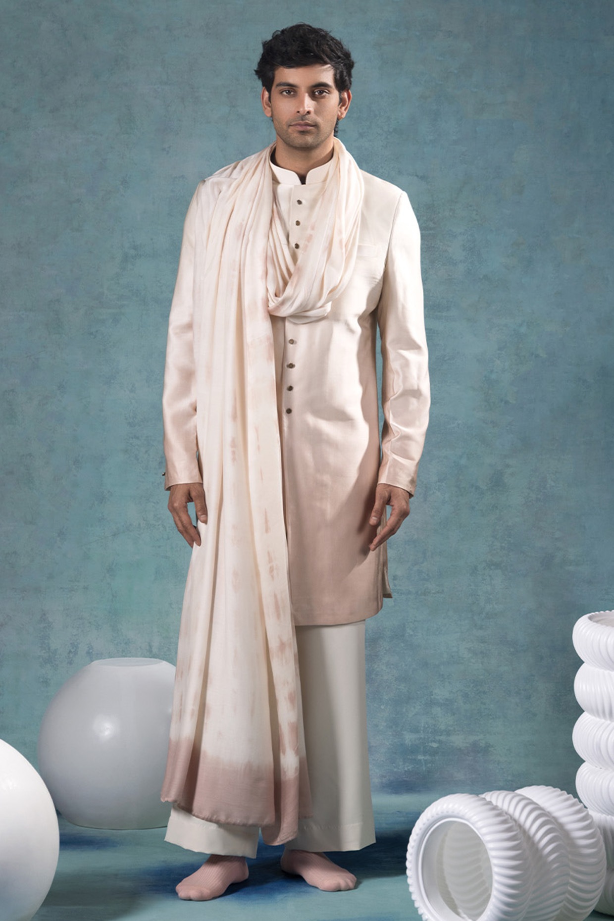 JORAH Ivory-Dusky Rose Ombre Satin Silk Indowestern Set