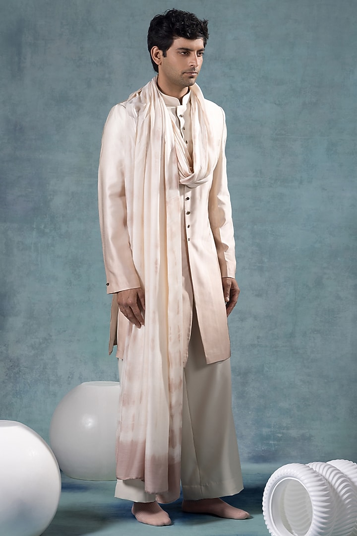 Ivory-Dusky Rose Ombre Satin Silk Indowestern Set by JORAH MEN at Pernia's Pop Up Shop