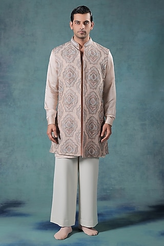 Dusky Rose Dupion Silk Dori Embroidered Indowestern Set by JORAH MEN