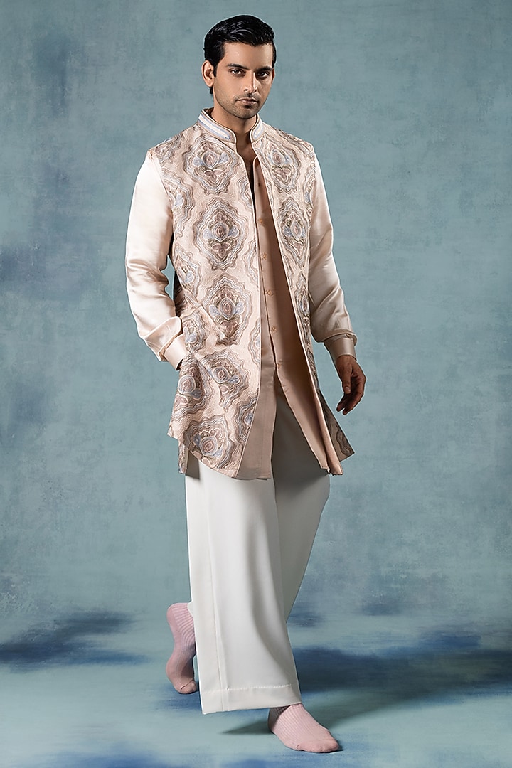 Dusky Rose Dupion Silk Dori Embroidered Wedding Indowestern Set by JORAH MEN at Pernia's Pop Up Shop