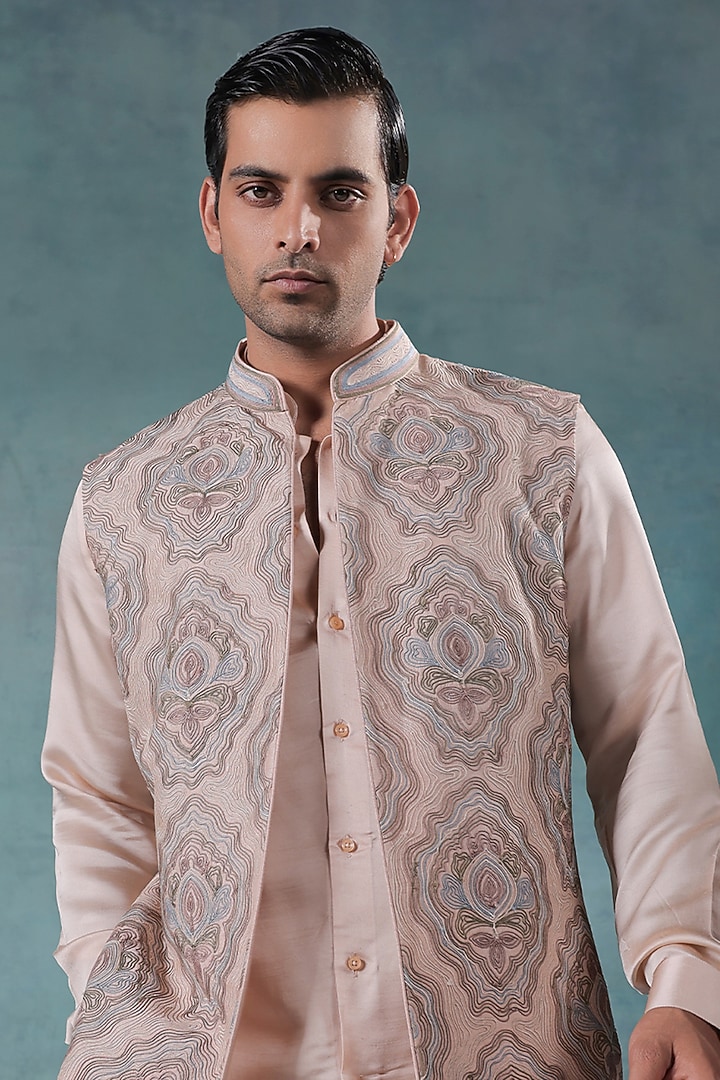 Dusky Rose Dupion Silk Dori Embroidered Wedding Indowestern Set by JORAH MEN at Pernia's Pop Up Shop