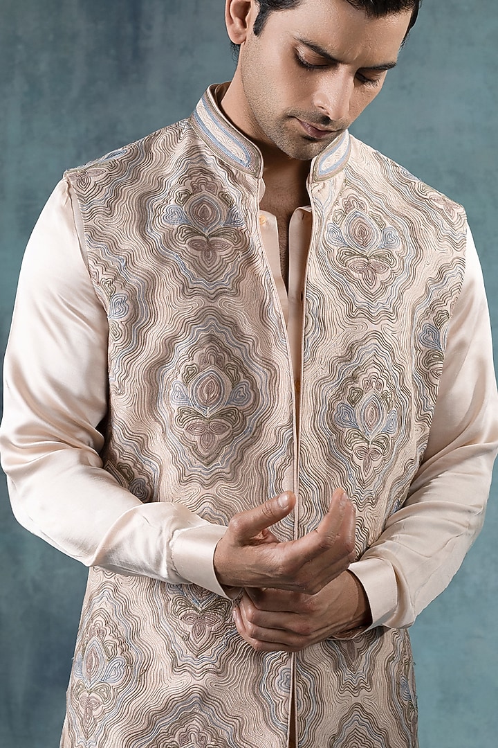 Dusky Rose Dupion Silk Dori Embroidered Wedding Indowestern Set by JORAH MEN at Pernia's Pop Up Shop