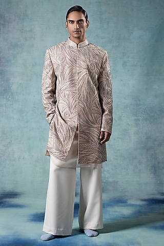 Dusky Rose Dupion Silk Resham Embroidered Indowestern Set by JORAH MEN