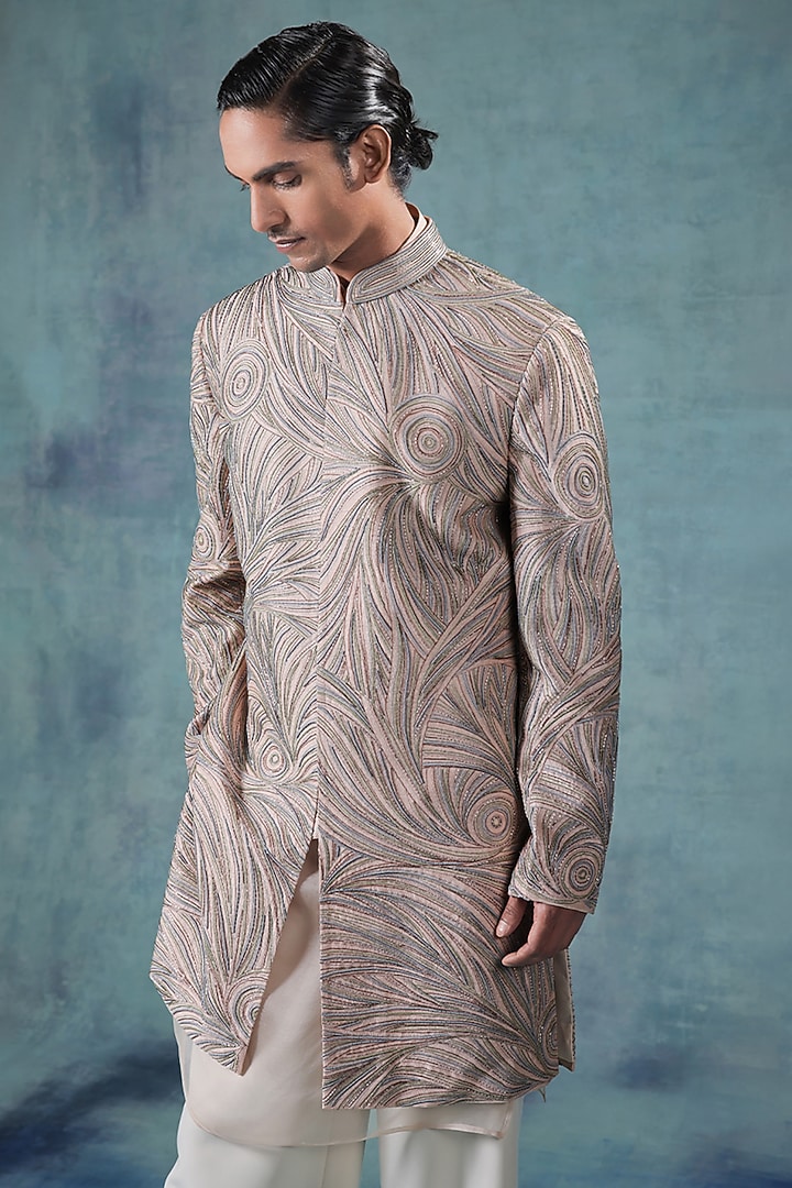 Dusky Rose Dupion Silk Resham Embroidered Groom Indowestern Set by JORAH MEN at Pernia's Pop Up Shop