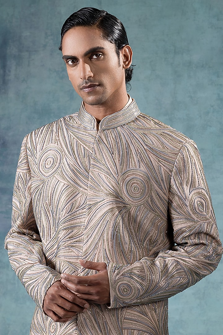 Dusky Rose Dupion Silk Resham Embroidered Groom Indowestern Set by JORAH MEN at Pernia's Pop Up Shop
