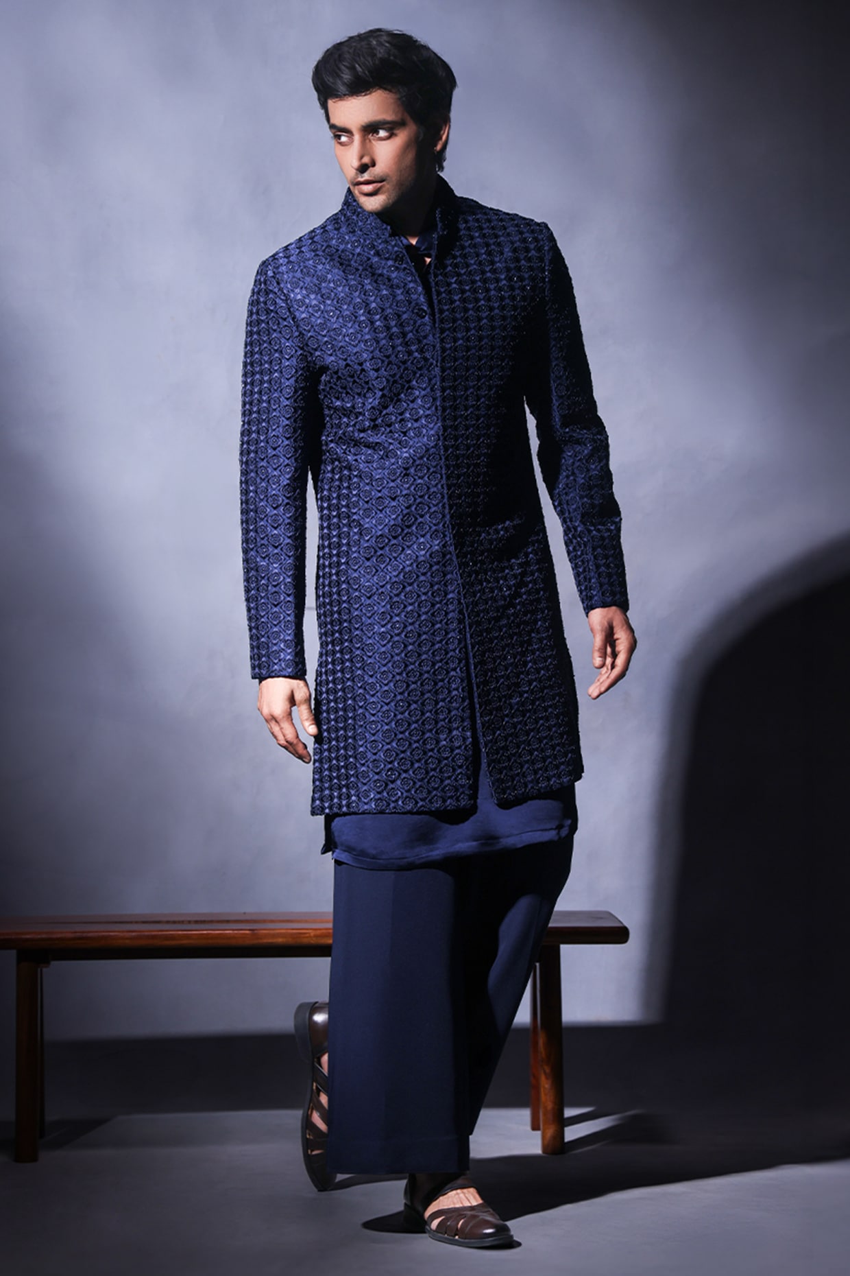 JORAH Navy Blue Dupion Silk Resham Embroidered Indowestern Set