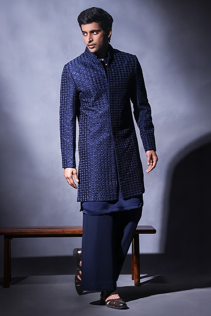 Navy Blue Dupion Silk Resham Embroidered Wedding Indowestern Set by JORAH MEN at Pernia's Pop Up Shop