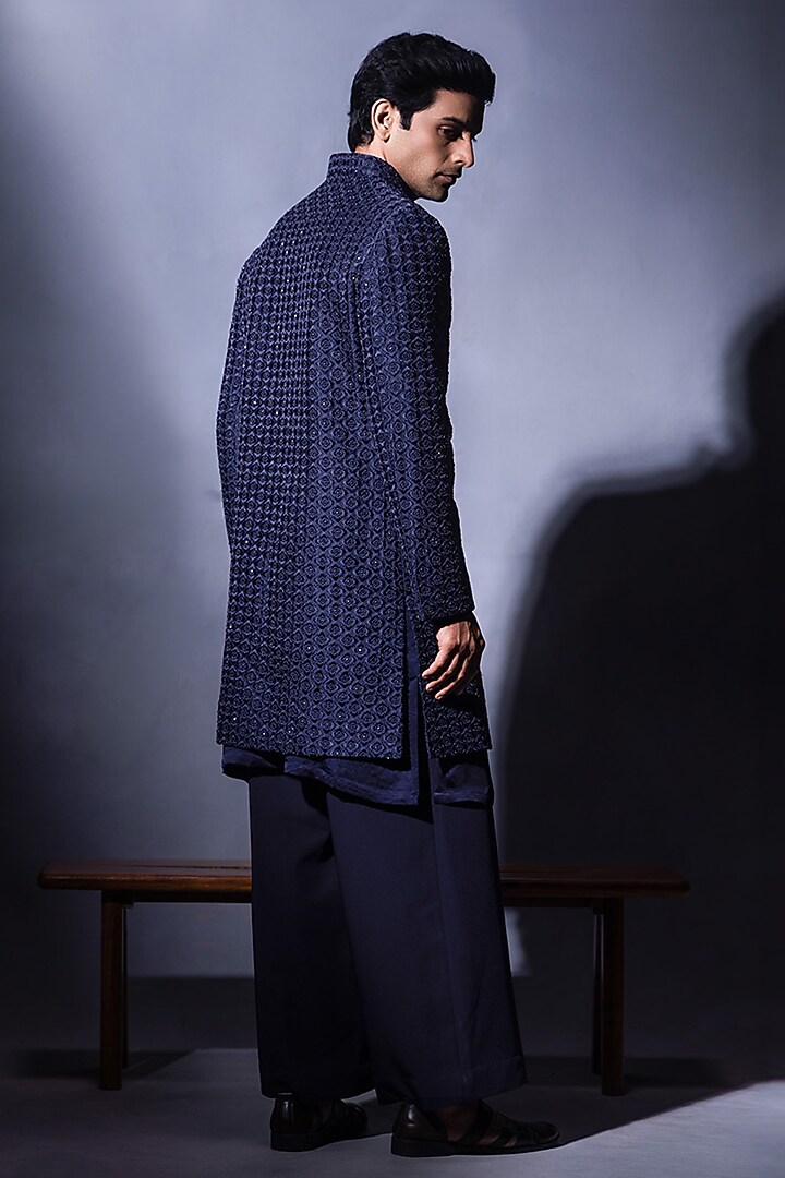 Navy Blue Dupion Silk Resham Embroidered Wedding Indowestern Set by JORAH MEN at Pernia's Pop Up Shop