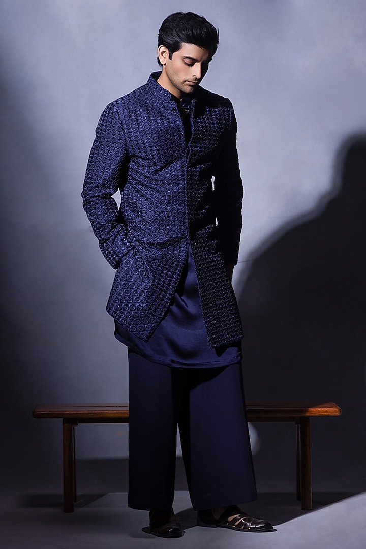 Navy Blue Dupion Silk Resham Embroidered Wedding Indowestern Set by JORAH MEN at Pernia's Pop Up Shop