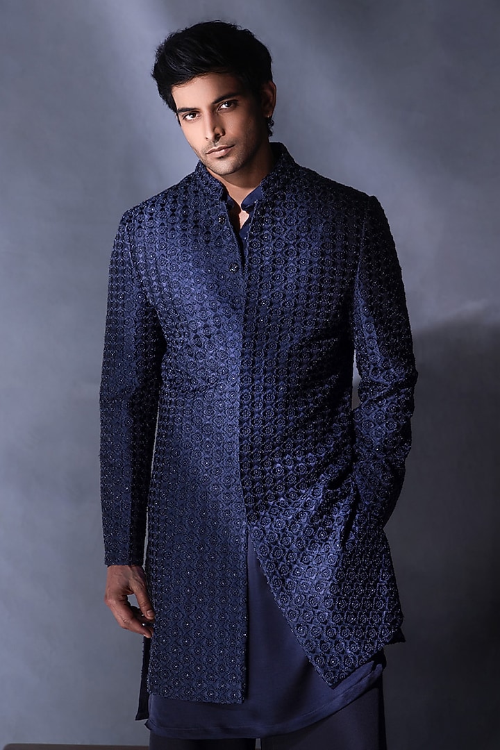 Navy Blue Dupion Silk Resham Embroidered Wedding Indowestern Set by JORAH MEN at Pernia's Pop Up Shop