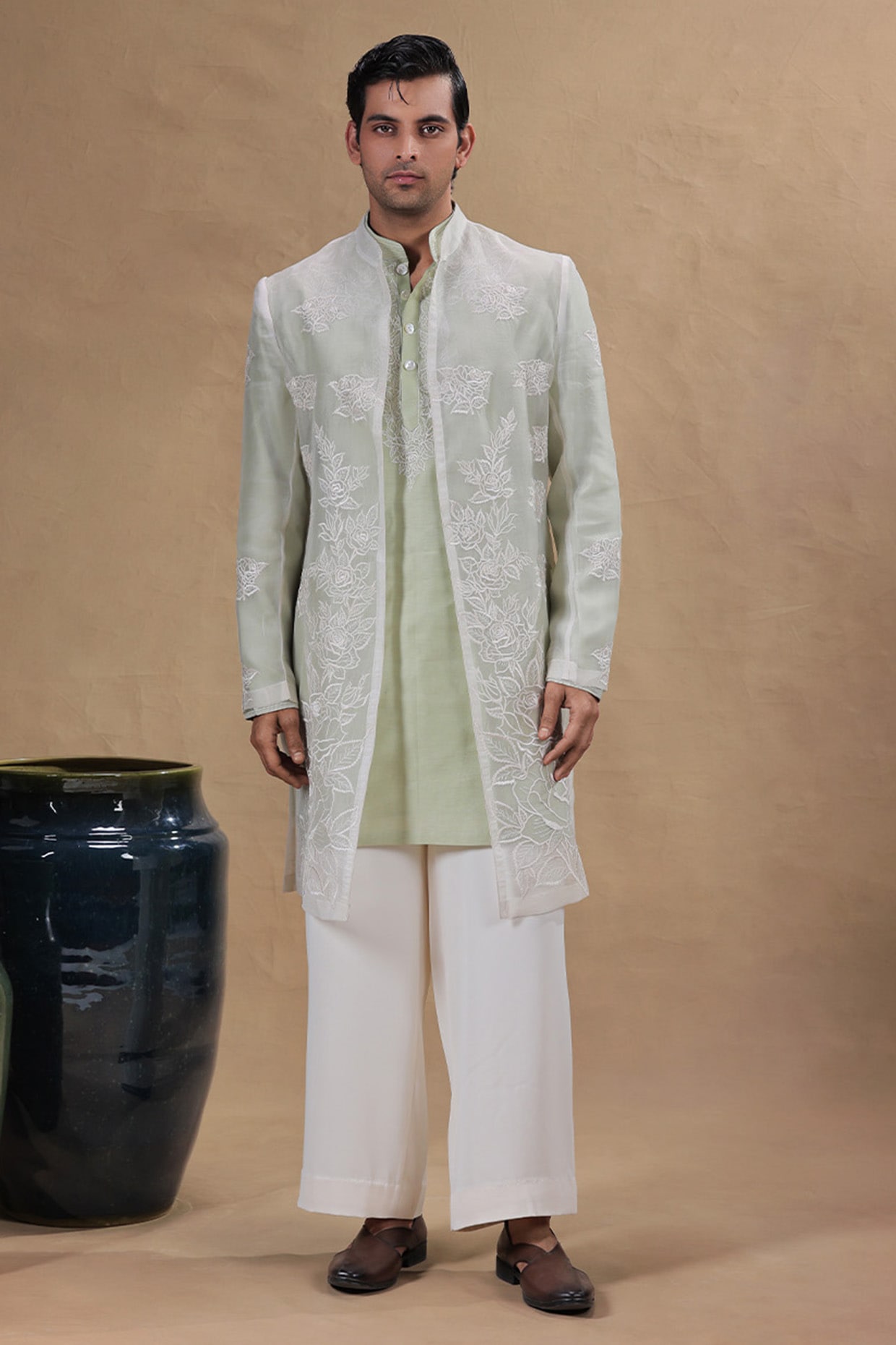 JORAH Green Organza Resham Embroidered Indowestern Set