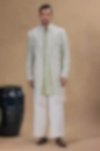 Green Organza Resham Embroidered Wedding Indowestern Set by JORAH MEN at Pernia's Pop Up Shop