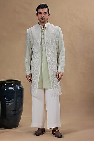 Green Organza Resham Embroidered Indowestern Set by JORAH MEN