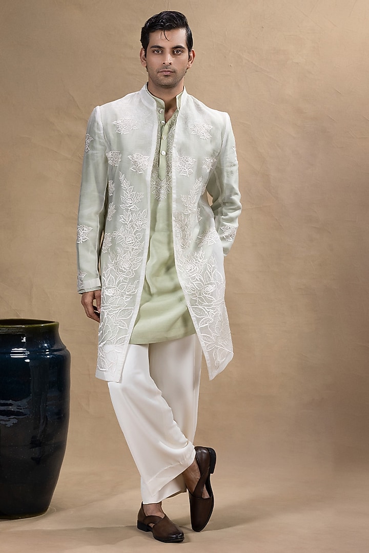 Green Organza Resham Embroidered Wedding Indowestern Set by JORAH MEN at Pernia's Pop Up Shop