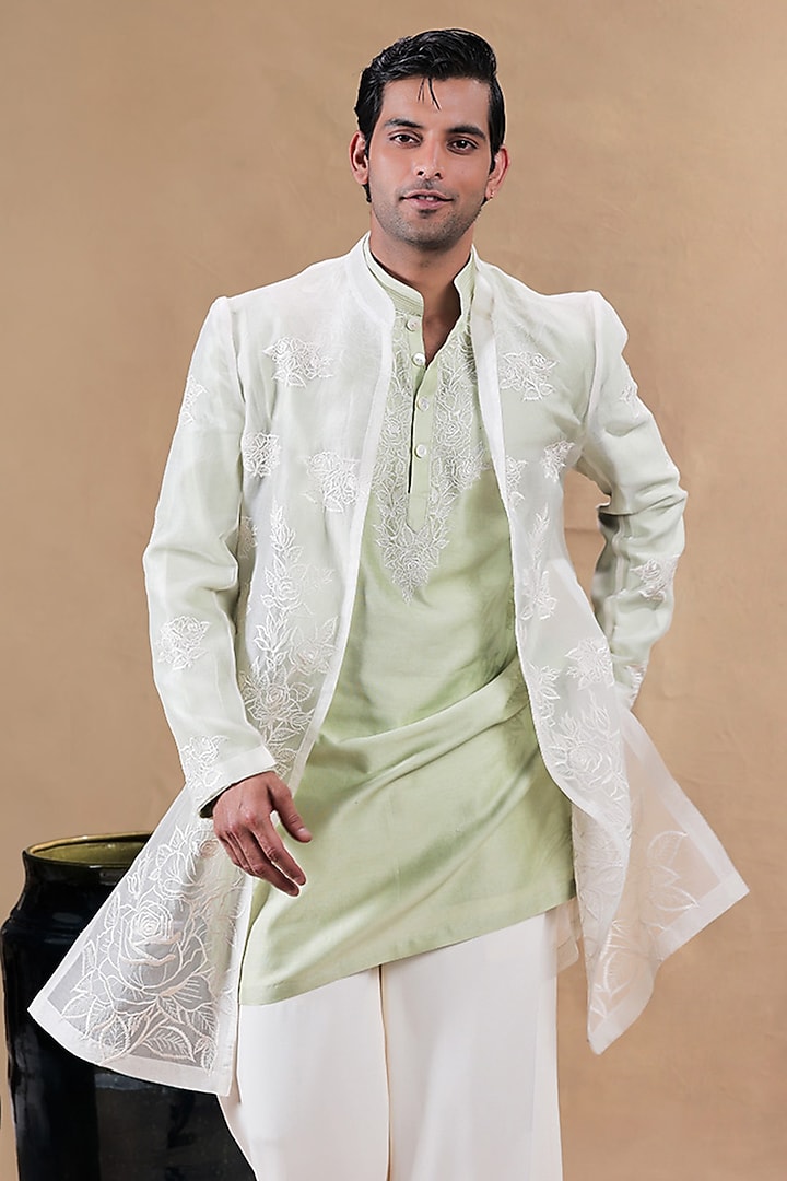 Green Organza Resham Embroidered Wedding Indowestern Set by JORAH MEN at Pernia's Pop Up Shop
