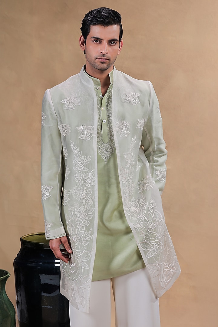 Green Organza Resham Embroidered Wedding Indowestern Set by JORAH MEN at Pernia's Pop Up Shop