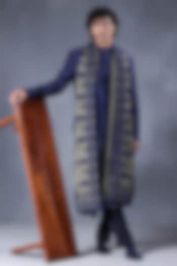 Blue Dupion Embroidered Wedding Indowestern Set by JORAH MEN at Pernia's Pop Up Shop