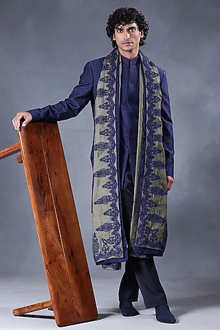 Blue Dupion Embroidered Indowestern Set by JORAH MEN