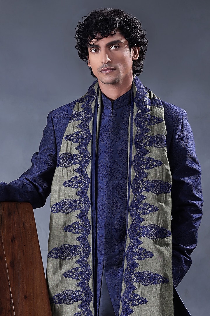 Blue Dupion Embroidered Wedding Indowestern Set by JORAH MEN at Pernia's Pop Up Shop