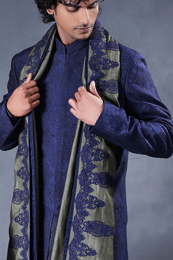 Blue Dupion Embroidered Wedding Indowestern Set by JORAH MEN at Pernia's Pop Up Shop