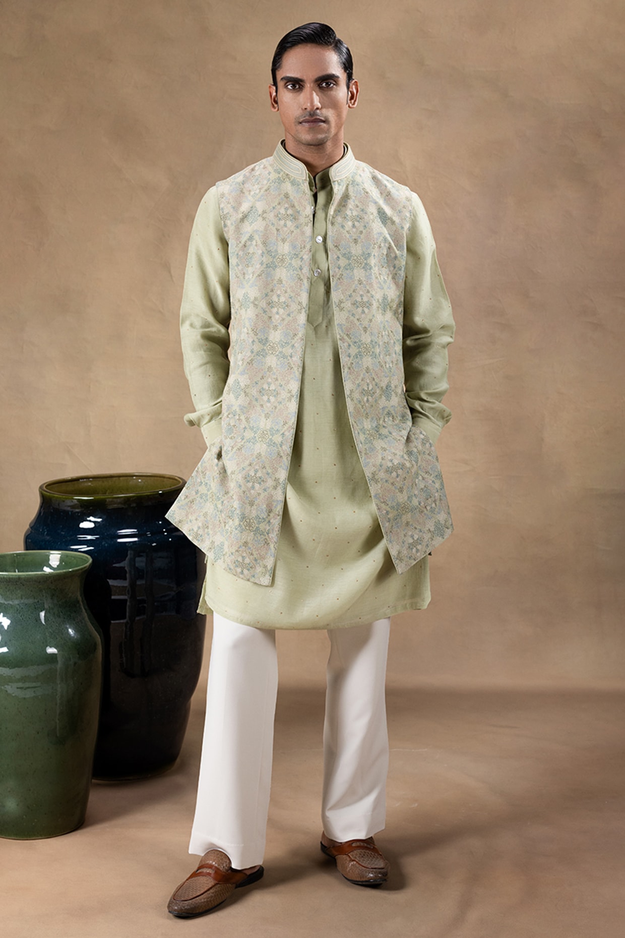 JORAH Green Pashmina Fabric Resham Embroidered Indowestern Set