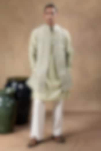 Green Pashmina Fabric Resham Embroidered Groom Indowestern Set by JORAH MEN at Pernia's Pop Up Shop