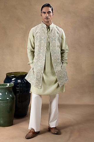 Green Pashmina Fabric Resham Embroidered Indowestern Set by JORAH MEN