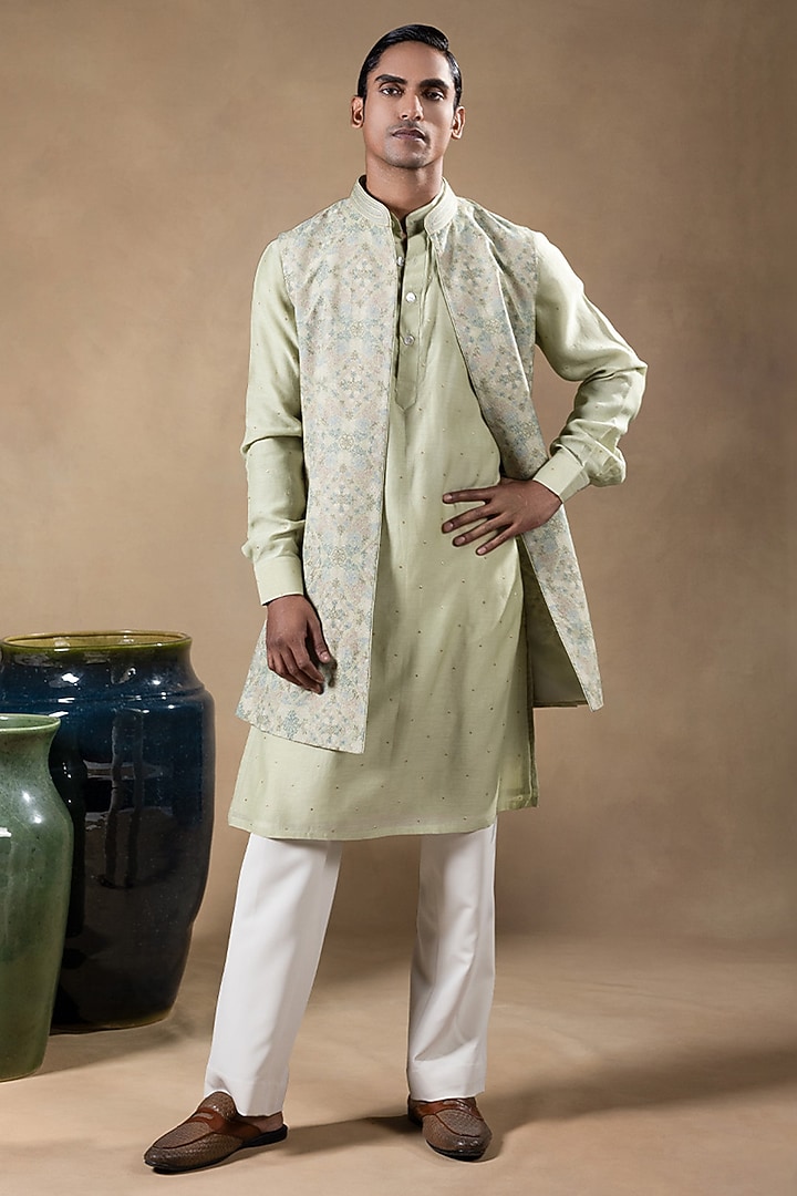 Green Pashmina Fabric Resham Embroidered Groom Indowestern Set by JORAH MEN at Pernia's Pop Up Shop